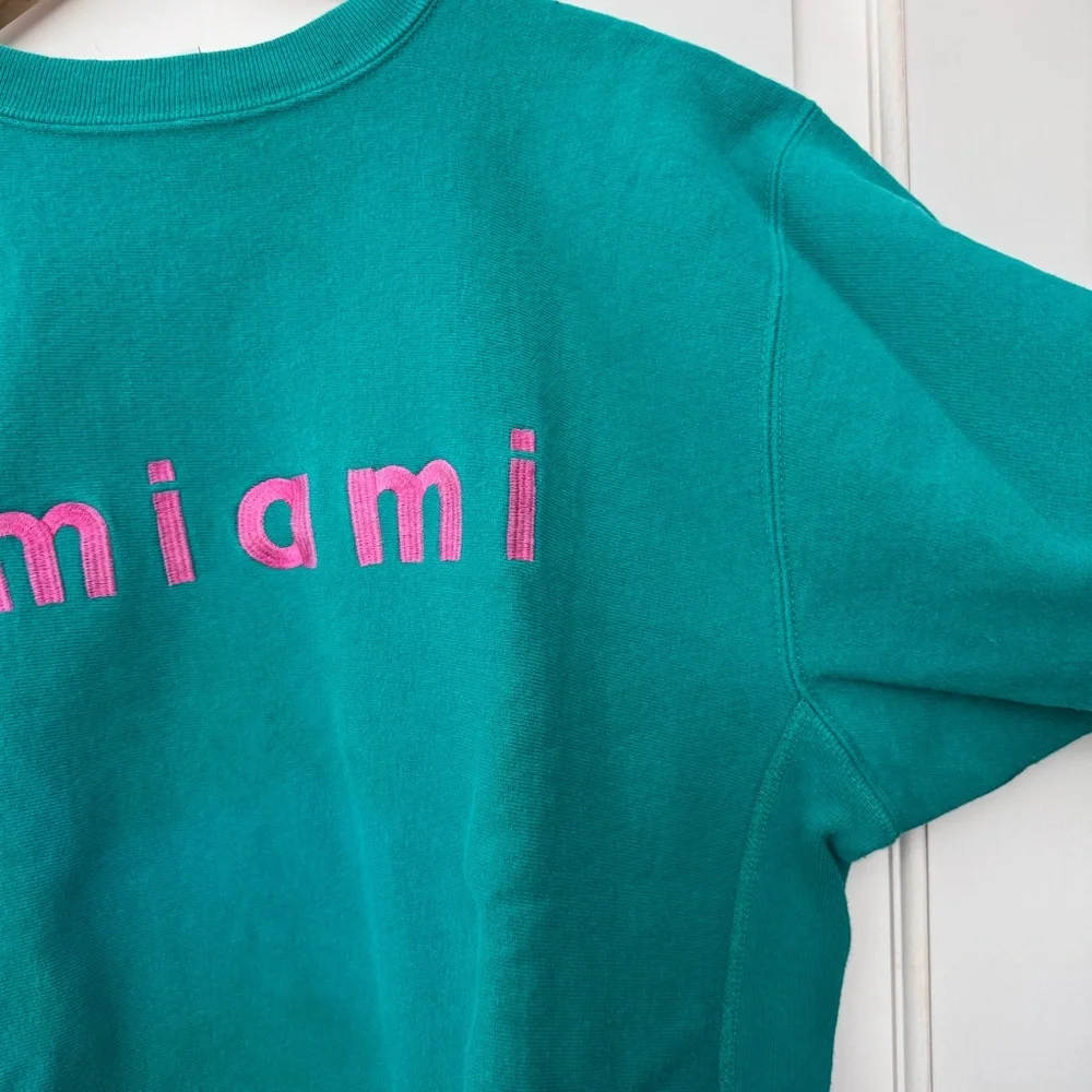 Vintage 80’s teal Miami embroidered champion reverse weave crewneck sz Large USA - Picture 7 of 8